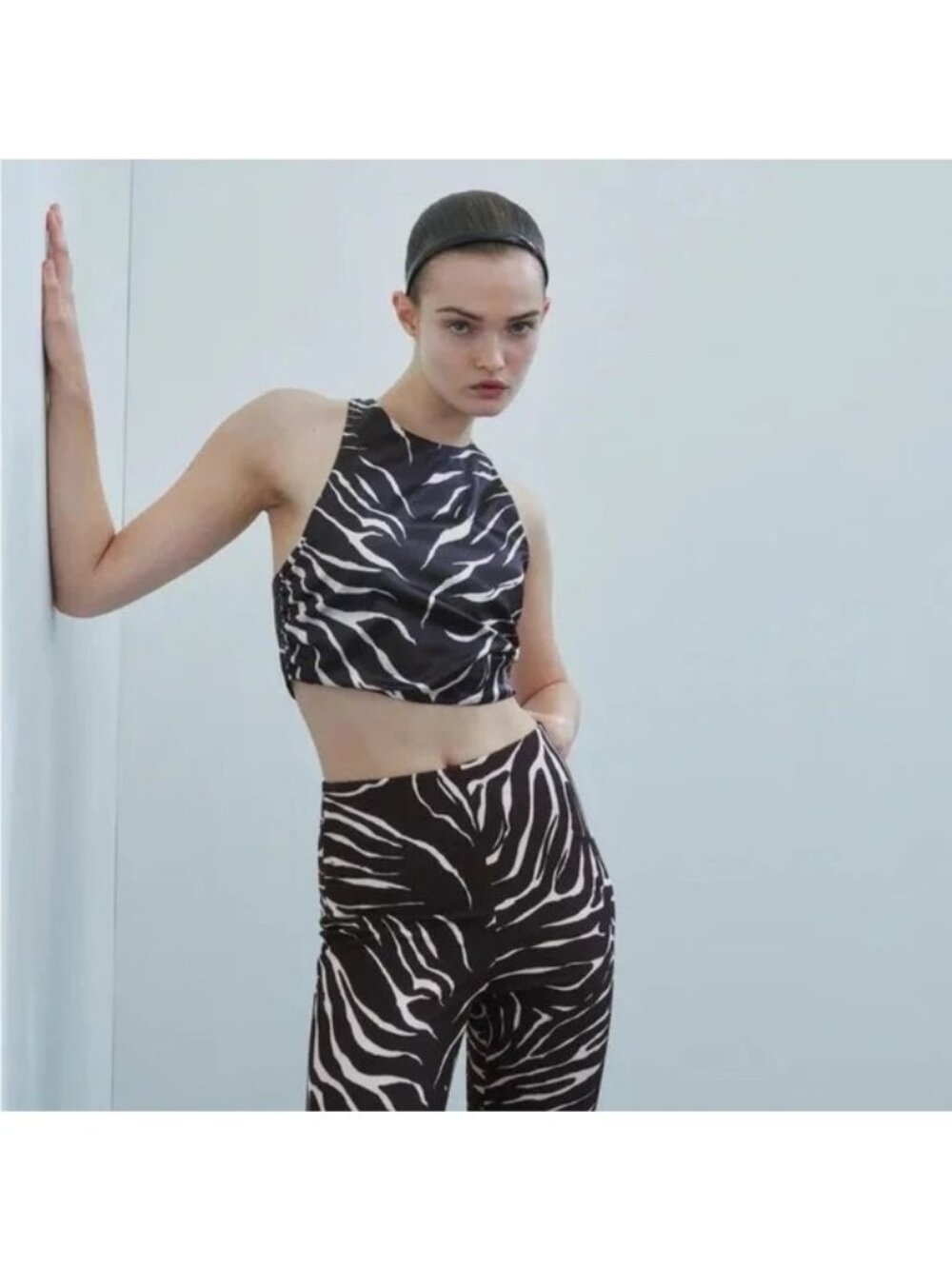 Zara Crop Top Large Zebra Print Smocked Back Black White Animal Print Trendy NEW